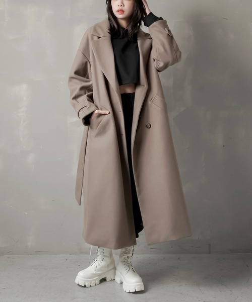 SPINNS(スピンズ)の「オーバーサイズフェイクウールトレンチコート(トレンチコート・レディース・ブラック/ベージュ/オレンジ/モカ・ONESIZE)」の1枚目の写真