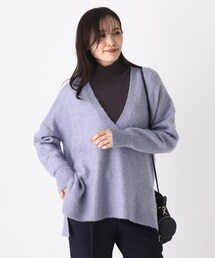 ◆【モヘヤ混】チュニック丈 深めVネックニット