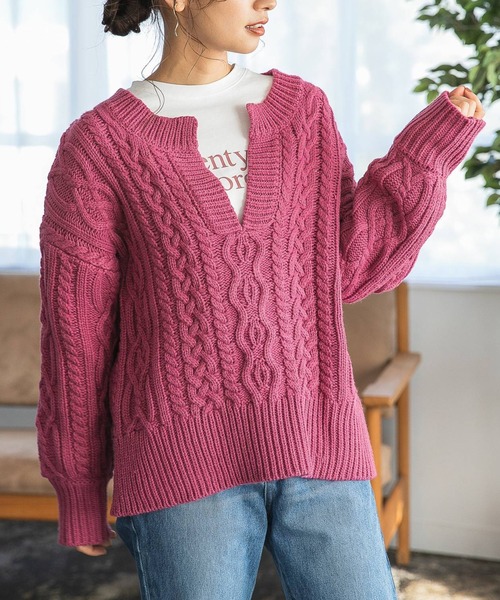 mysty woman（ミスティウーマン）の「キーネックケーブルプルオーバー 258224（ニット/セーター・レディース・アイボリー/カーキ/ライトグレー/ブラウン/ピンク/モカ・FREE）」の6枚目の写真