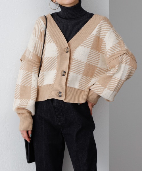 COLONY 2139（コロニートゥーワンスリーナイン）の「チェック柄ジャガードニット短丈カーディガン（カーディガン/ボレロ・レディース・ブラック/ベージュ/ブルー・FREE）」の3枚目の写真