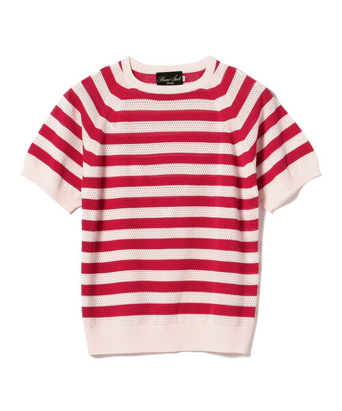 HAVERSACK（ハバーザック）の「HAVERSACK ATTIRE / 18Gメッシュボーダークルーネック半袖ニット（Tシャツ/カットソー・メンズ・レッド・LARGE）」の7枚目の写真