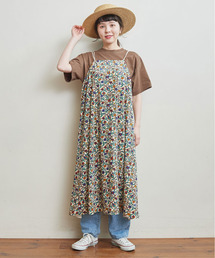 Dot＆Stripes CHILD WOMAN | ベロア幾何花プリント 肩ひもりぼんキャミワンピース(ワンピース)