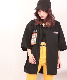 TCツイル ワッペン付クレリック半袖ルーズワークシャツ