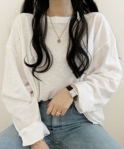 PARKS TOKYO SELECT(パークストウキョウセレクト)の「ルーズシルエット スラブ ロングスリーブTシャツ(Tシャツ/カットソー・レディース・ホワイト/ブラック/ベージュ/パープル/カーキ/ピンク/イエロー/オレンジ/ブルー・FREE)」の2枚目の写真