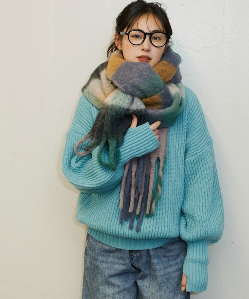 Auntie Rosa Holiday（アンティローザホリデー）の「チェックボリュームマフラー（マフラー・レディース・パープル/グリーン/イエロー・FREE）」の19枚目の写真