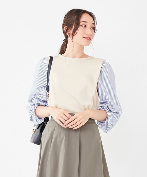 ANY SIS（エニィスィス）の「【洗える】異素材コンビネジリパフ袖 プルオーバー（Tシャツ/カットソー・レディース・ネイビー系1/ライラック系/アイボリー系1・2）」の2枚目の写真