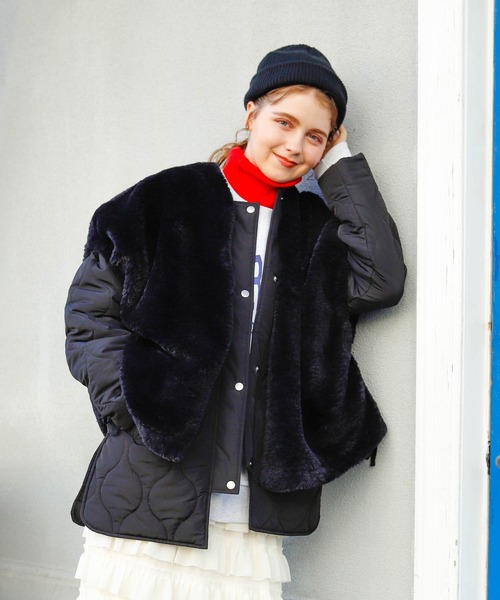 Birthday room(バースデイルーム)の「キルトジャケット×ファーベスト(ベスト・レディース・ブラック/カーキ/オフホワイト・FREE)」の2枚目の写真