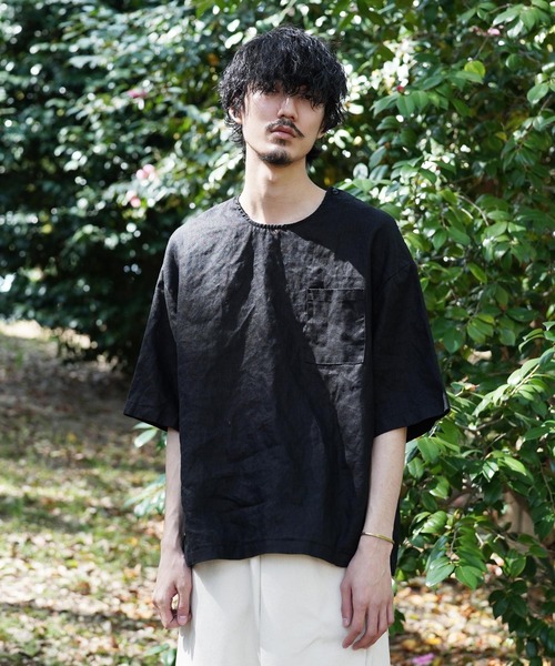 Aphlotus（アプロタス）の「オーバーダイ リネン ショートスリーブ プルオーバー（Tシャツ/カットソー・メンズ・グレイッシュベージュ/ブラック/スミクロ/ベージュ・MEDIUM/LARGE）」の18枚目の写真