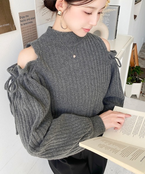 セール】袖リボンショルダースリットニットプルオーバー（ニット