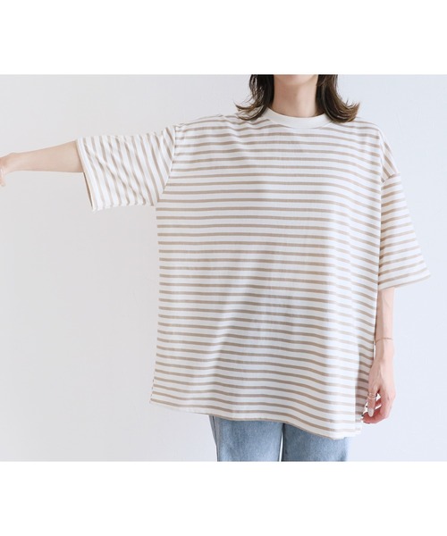 reca（レカ）の「ゆったり体型カバー！ボーダー＆無地オーバーサイズモックネックTシャツ（Tシャツ/カットソー・レディース・ホワイト系その他/オートミール/ホワイト×ブラック/チャコールグレー/オフホワイト/イエロー/ホワイト×ブルー/ホワイト×レッド・FREE）」の21枚目の写真