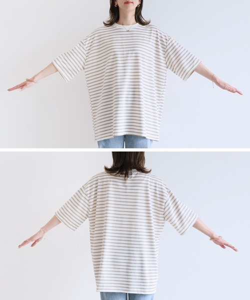 reca（レカ）の「ゆったり体型カバー！ボーダー＆無地オーバーサイズモックネックTシャツ（Tシャツ/カットソー・レディース・ホワイト系その他/オートミール/ホワイト×ブラック/チャコールグレー/オフホワイト/イエロー/ホワイト×ブルー/ホワイト×レッド・FREE）」の14枚目の写真