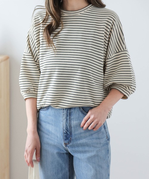 AMELY（エミリー）の「ボーダートップス（Tシャツ/カットソー・レディース・ブルー系2/パープル系1/ブラック系2/ブラック系1/オレンジ系1/ブルー系1/ブラウン系2/ベージュ系2/グリーン系1/オレンジ系2・フリー）」の4枚目の写真