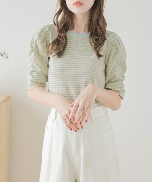 AMELY（エミリー）の「ボーダートップス（Tシャツ/カットソー・レディース・ブルー系2/パープル系1/ブラック系2/ブラック系1/オレンジ系1/ブルー系1/ブラウン系2/ベージュ系2/グリーン系1/オレンジ系2・フリー）」の6枚目の写真