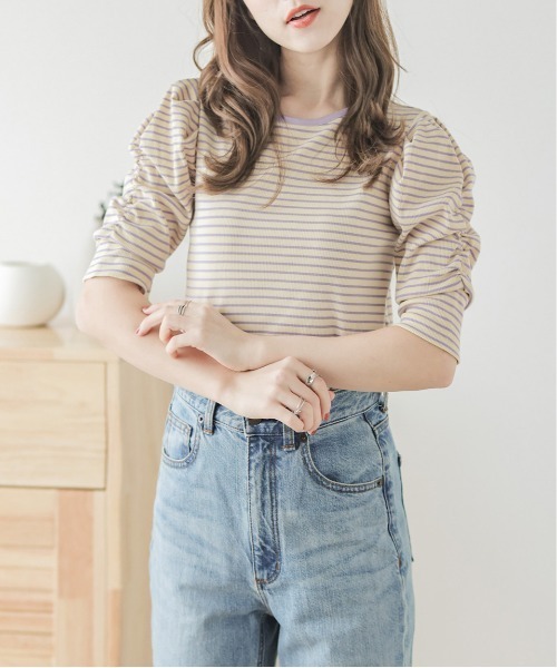 AMELY（エミリー）の「ボーダートップス（Tシャツ/カットソー・レディース・ブルー系2/パープル系1/ブラック系2/ブラック系1/オレンジ系1/ブルー系1/ブラウン系2/ベージュ系2/グリーン系1/オレンジ系2・フリー）」の8枚目の写真