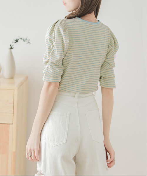 AMELY（エミリー）の「ボーダートップス（Tシャツ/カットソー・レディース・ブルー系2/パープル系1/ブラック系2/ブラック系1/オレンジ系1/ブルー系1/ブラウン系2/ベージュ系2/グリーン系1/オレンジ系2・フリー）」の16枚目の写真