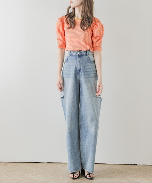 AMELY（エミリー）の「ボーダートップス（Tシャツ/カットソー・レディース・ブルー系2/パープル系1/ブラック系2/ブラック系1/オレンジ系1/ブルー系1/ブラウン系2/ベージュ系2/グリーン系1/オレンジ系2・フリー）」の22枚目の写真