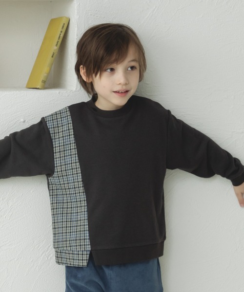 pairmanon（ペアマノン）の「チェック柄 切替えデザイントレーナー（スウェット・キッズ・グレー系その他2/ブラウン系その他/グレー系その他/ブルー系その他・100/110/140/150/120/130/90）」の2枚目の写真