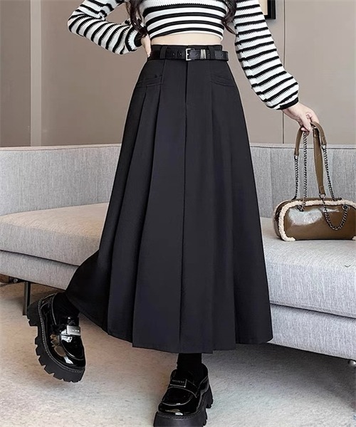 FREE STYLISTS（フリー スタイリスト）の「サイドプリーツロングスカート ベルト付け2点セット（スカート・レディース・グレー/ブラウン/ブラック・L/S/M/XL）」の2枚目の写真