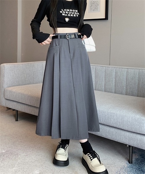 FREE STYLISTS（フリー スタイリスト）の「サイドプリーツロングスカート ベルト付け2点セット（スカート・レディース・グレー/ブラウン/ブラック・L/S/M/XL）」の15枚目の写真