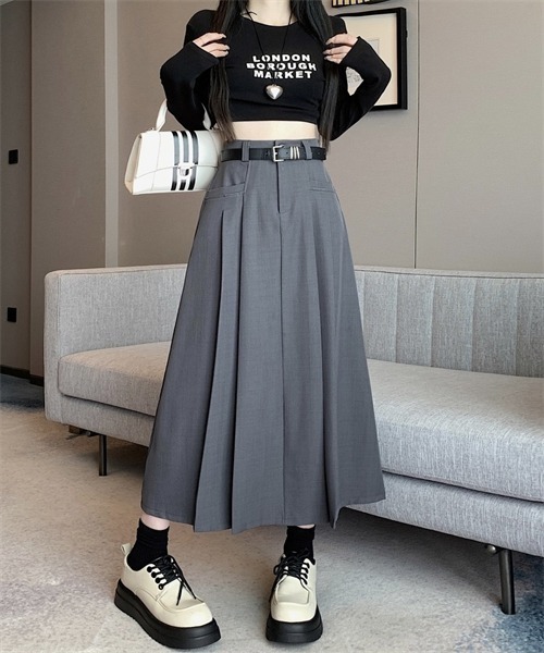 FREE STYLISTS（フリー スタイリスト）の「サイドプリーツロングスカート ベルト付け2点セット（スカート・レディース・グレー/ブラウン/ブラック・L/S/M/XL）」の13枚目の写真