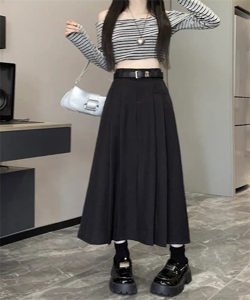 FREE STYLISTS（フリー スタイリスト）の「サイドプリーツロングスカート ベルト付け2点セット（スカート・レディース・グレー/ブラウン/ブラック・L/S/M/XL）」の7枚目の写真