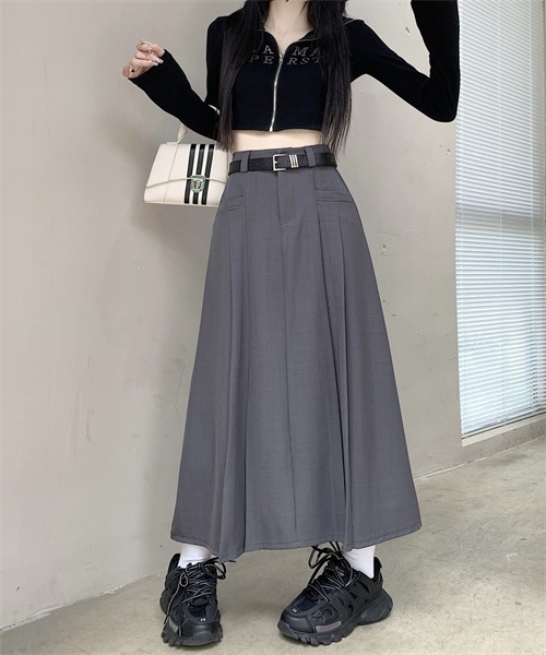 FREE STYLISTS（フリー スタイリスト）の「サイドプリーツロングスカート ベルト付け2点セット（スカート・レディース・グレー/ブラウン/ブラック・L/S/M/XL）」の12枚目の写真