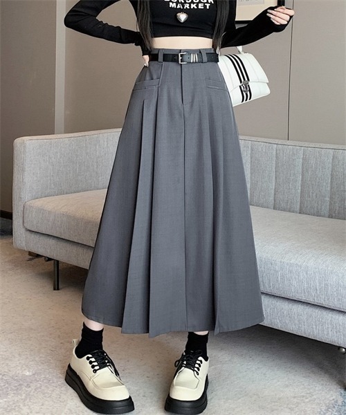 FREE STYLISTS（フリー スタイリスト）の「サイドプリーツロングスカート ベルト付け2点セット（スカート・レディース・グレー/ブラウン/ブラック・L/S/M/XL）」の16枚目の写真