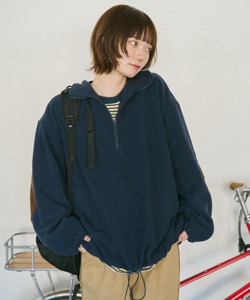 unclip（アンクリップ）の「ハーフZIPフリーストップス（スウェット・レディース・ベージュ/ネイビー・FREE）」の4枚目の写真