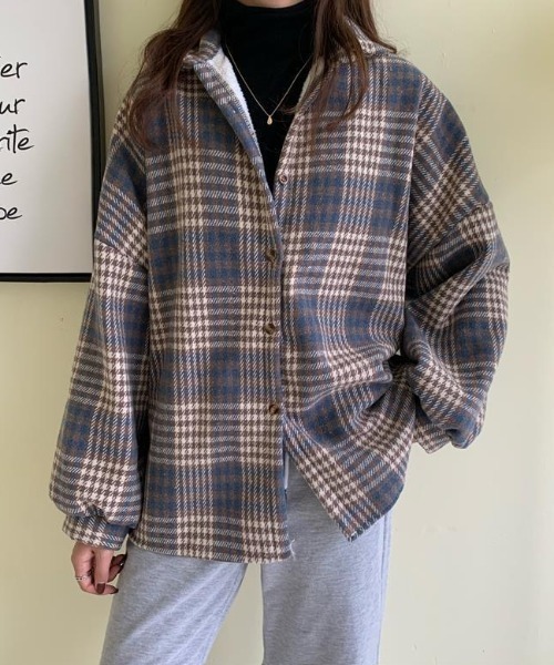 Achic(アシック)の「裏起毛チェックシャツ(シャツ/ブラウス・レディース・ブラウン/ブルー・M)」の1枚目の写真