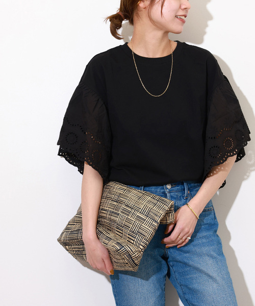 JOURNAL STANDARD relume(ジャーナルスタンダード レリューム)の「《追加》カットワークレーススリーブプルオーバー(Tシャツ/カットソー・レディース・ホワイト/ブラック・FREE)」の1枚目の写真