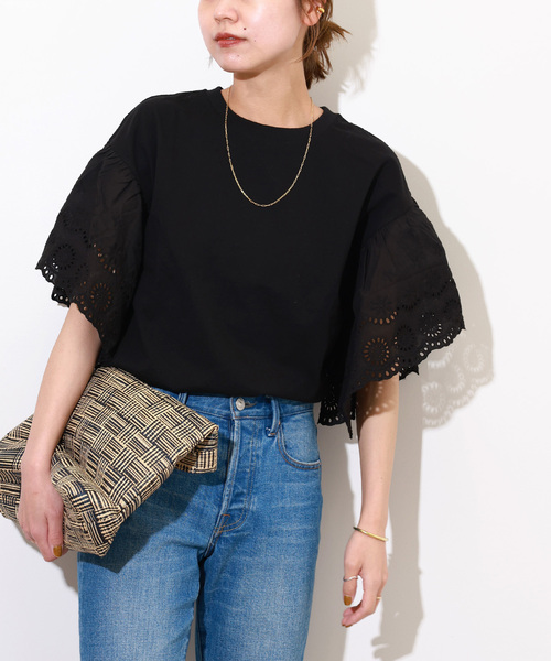 JOURNAL STANDARD relume(ジャーナルスタンダード レリューム)の「《追加》カットワークレーススリーブプルオーバー(Tシャツ/カットソー・レディース・ホワイト/ブラック・FREE)」の8枚目の写真