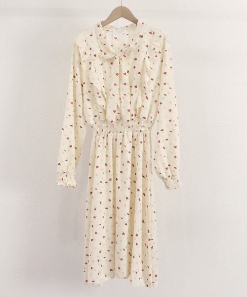 Miniministore（ミニミニストア）の「小花柄ボウタイワンピース ハイウエスト（ワンピース・レディース・ライトイエロー/ネイビー/ライトベージュ・FREE）」の8枚目の写真