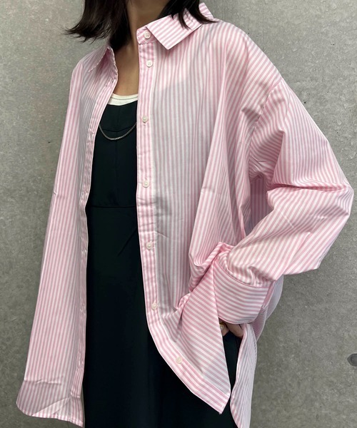 byYOUANCE（バイユアンス）の「ｶﾗｰｽﾄﾗｲﾌﾟBIGｼｬﾂ（シャツ/ブラウス・レディース・グリーン/ピンク/ネイビー・MEDIUM）」の13枚目の写真