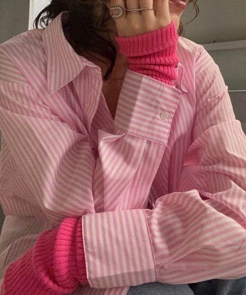 byYOUANCE（バイユアンス）の「ｶﾗｰｽﾄﾗｲﾌﾟBIGｼｬﾂ（シャツ/ブラウス・レディース・グリーン/ピンク/ネイビー・MEDIUM）」の17枚目の写真