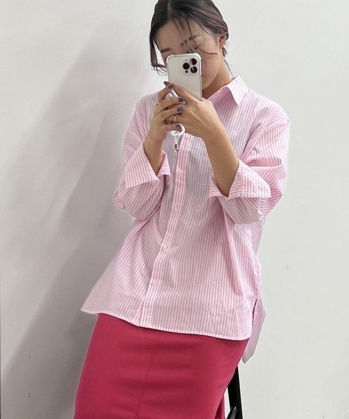 byYOUANCE（バイユアンス）の「ｶﾗｰｽﾄﾗｲﾌﾟBIGｼｬﾂ（シャツ/ブラウス・レディース・グリーン/ピンク/ネイビー・MEDIUM）」の20枚目の写真