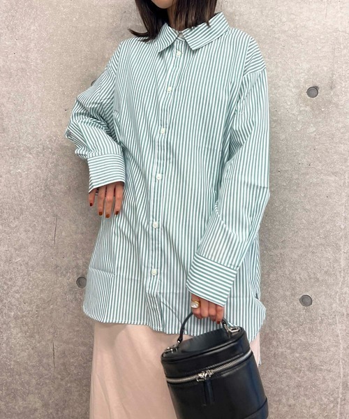 byYOUANCE（バイユアンス）の「ｶﾗｰｽﾄﾗｲﾌﾟBIGｼｬﾂ（シャツ/ブラウス・レディース・グリーン/ピンク/ネイビー・MEDIUM）」の11枚目の写真