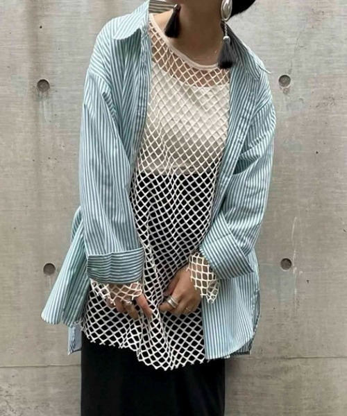 byYOUANCE（バイユアンス）の「ｶﾗｰｽﾄﾗｲﾌﾟBIGｼｬﾂ（シャツ/ブラウス・レディース・グリーン/ピンク/ネイビー・MEDIUM）」の10枚目の写真