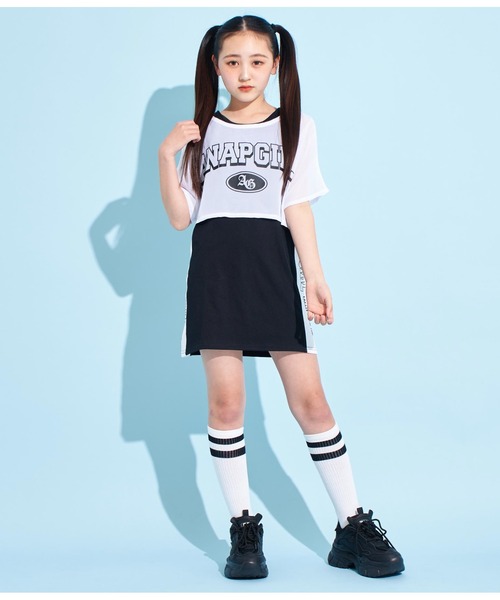 ANAP GｉRL（アナップガール）の「シアーTシャツ×サイドラインタンクワンピースSET（ワンピース・キッズ・ホワイト/ブラック・M/XS/S）」の4枚目の写真