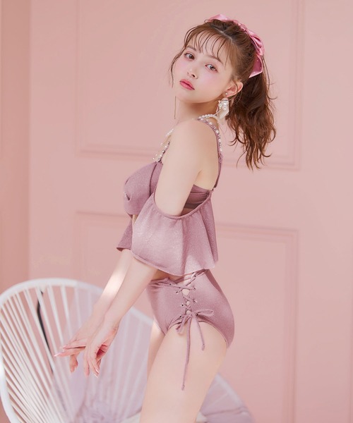 ハイウエストビッグラメリボン&ビジューキャミソールビキニ 2点セット