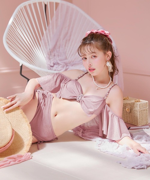 ハイウエストビッグラメリボン&ビジューキャミソールビキニ 2点セット