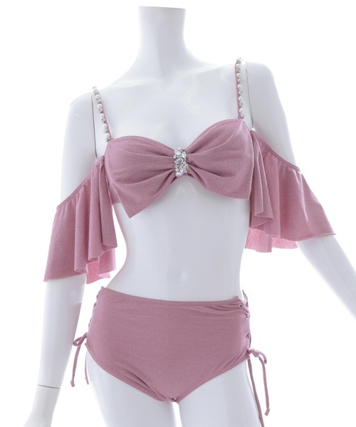 ハイウエストビッグラメリボン&ビジューキャミソールビキニ 2点セット