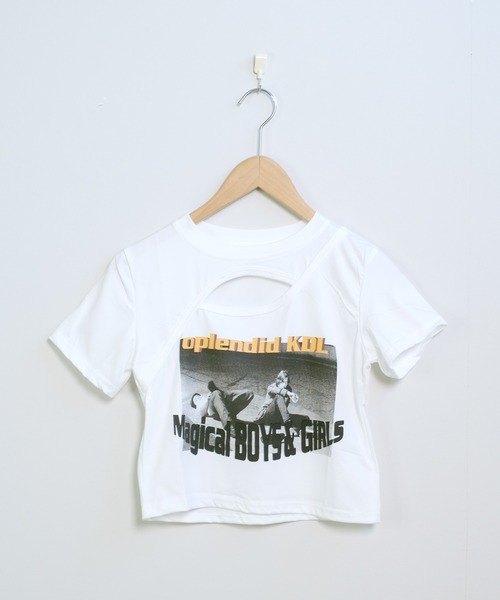 shopnikoniko（ショップニコニコ）の「カットアウト Tシャツ 半袖  トップス クロップド丈 ショート丈  フォトプリント チビT（Tシャツ/カットソー・レディース・ホワイト/ブラック・フリー）」の11枚目の写真