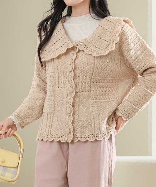 Lace Ladies(レースレディース)の「ビッグカラー パッチワーク風 透かし編み ニット カーディガン(カーディガン/ボレロ・レディース・アイボリー・FREE)」の3枚目の写真