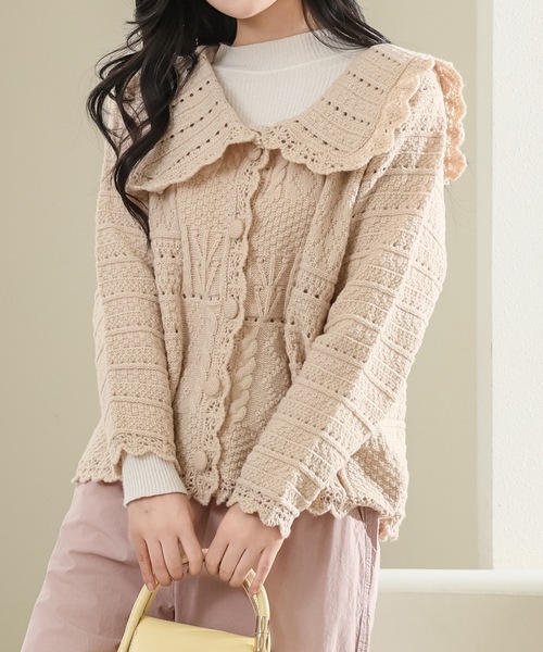 Lace Ladies(レースレディース)の「ビッグカラー パッチワーク風 透かし編み ニット カーディガン(カーディガン/ボレロ・レディース・アイボリー・FREE)」の7枚目の写真