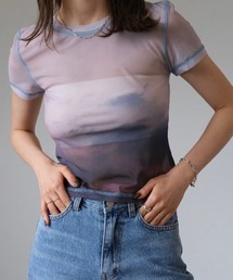 ニュアンスプリントシアートップス/nuance print sheer top 半袖 クルーネック シースルー マーブル柄 グラデーション タイダイ カジュアル Y2K ストリート 韓国 黒 ブラック ブルー オレンジ グレー