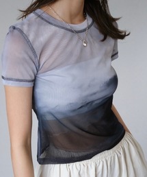 ニュアンスプリントシアートップス/nuance print sheer top 半袖 クルーネック シースルー マーブル柄 グラデーション タイダイ カジュアル Y2K ストリート 韓国 黒 ブラック ブルー オレンジ グレー