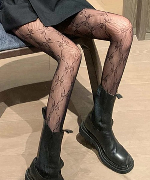 SHEPP（シープ）の「リボンモチーフ レース編みタイツ/バレエコア 韓国ガーリー 美脚シアーアイテム（タイツ/ストッキング・レディース・ブラック/ホワイト・F）」の9枚目の写真