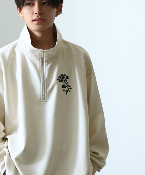 NILWAY（ニルウェイ）の「スエード ハーフジップ 長袖 薔薇 刺繍 カットソー（Tシャツ/カットソー・メンズ・チャコール/ホワイト/ライトグレー/ブラック・MEDIUM/LARGE）」の7枚目の写真