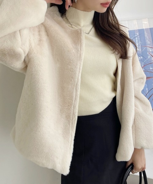 TREOVER(トレオーバー)の「ふわふわソフトタッチエコファージャケット(ノーカラーコート・レディース・アイボリー/キャメル/ダークブラウン/ベージュ・FREE)」の20枚目の写真