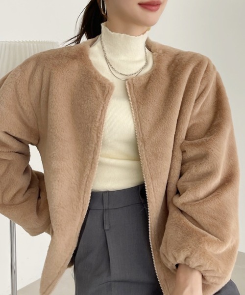 TREOVER(トレオーバー)の「ふわふわソフトタッチエコファージャケット(ノーカラーコート・レディース・アイボリー/キャメル/ダークブラウン/ベージュ・FREE)」の13枚目の写真